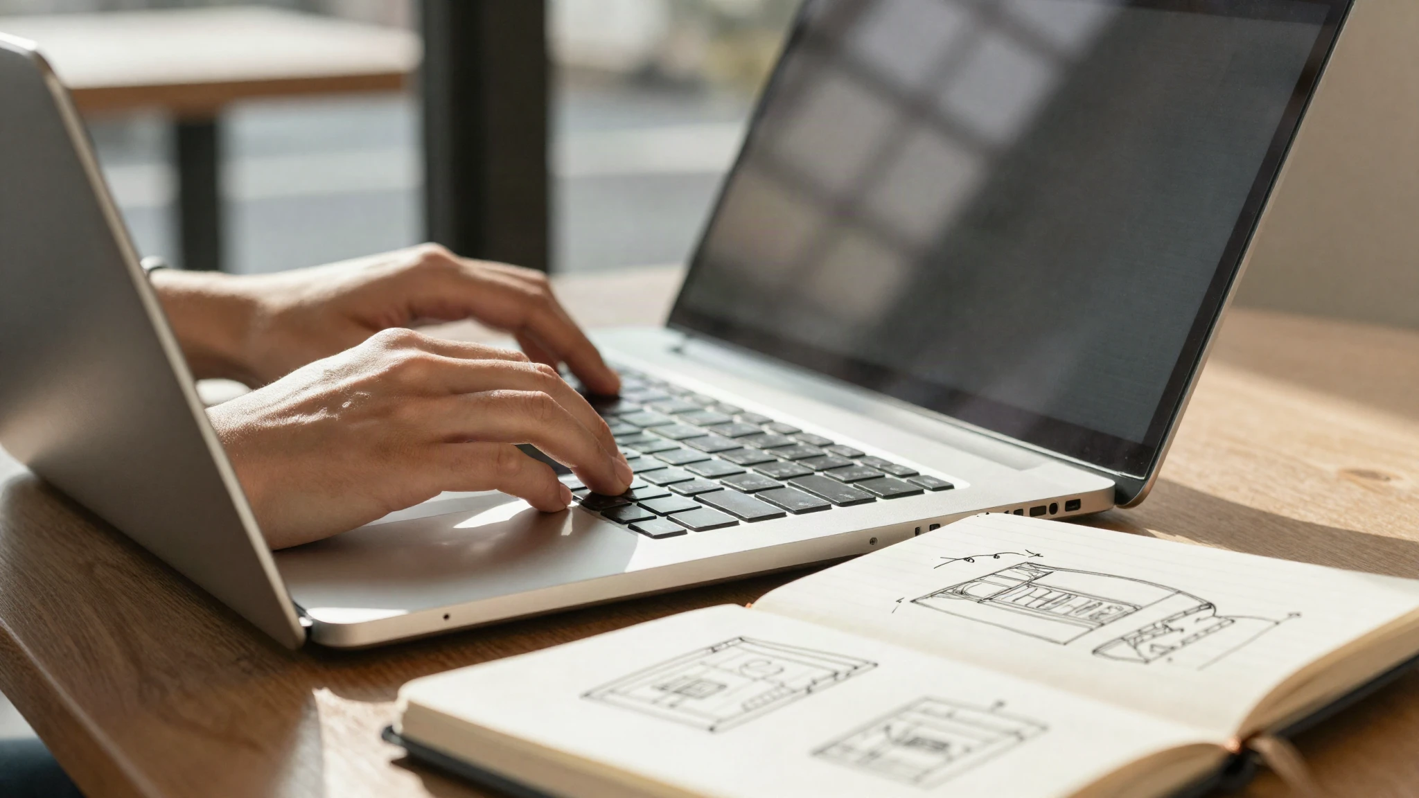Hands typing on a laptop at a cafe beside a notebook of hand drawn page structure sketches