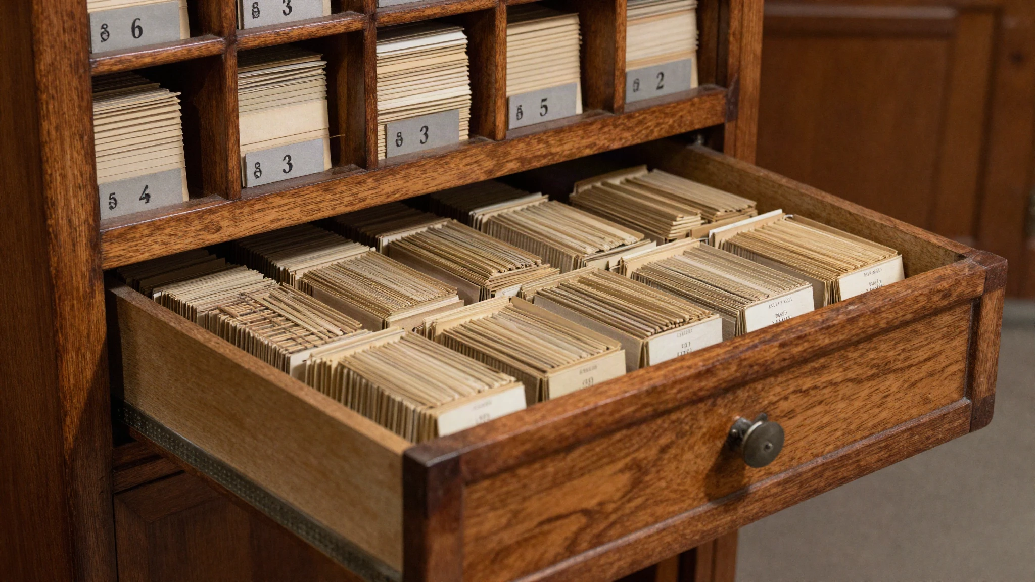 An old wooden library card catalogue with one drawer open showing rows of index cards