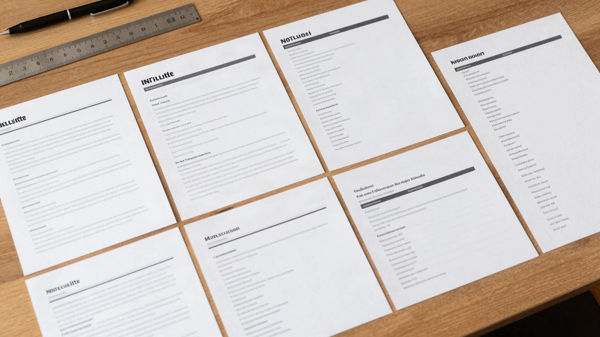 Printed website wireframe pages laid out in a grid on a wooden desk with a pen and ruler