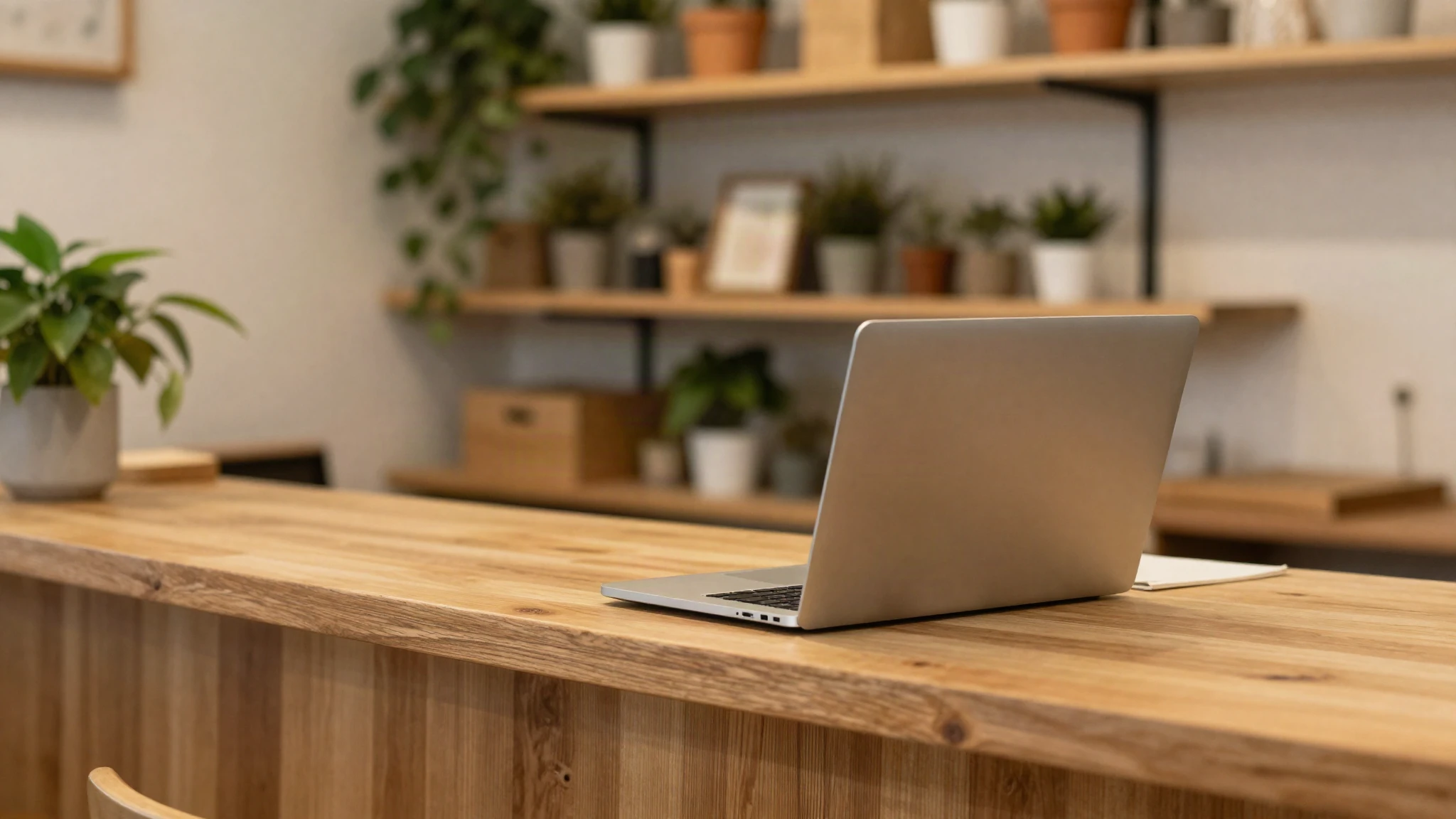 A wooden shop counter in a small independent business with an open laptop