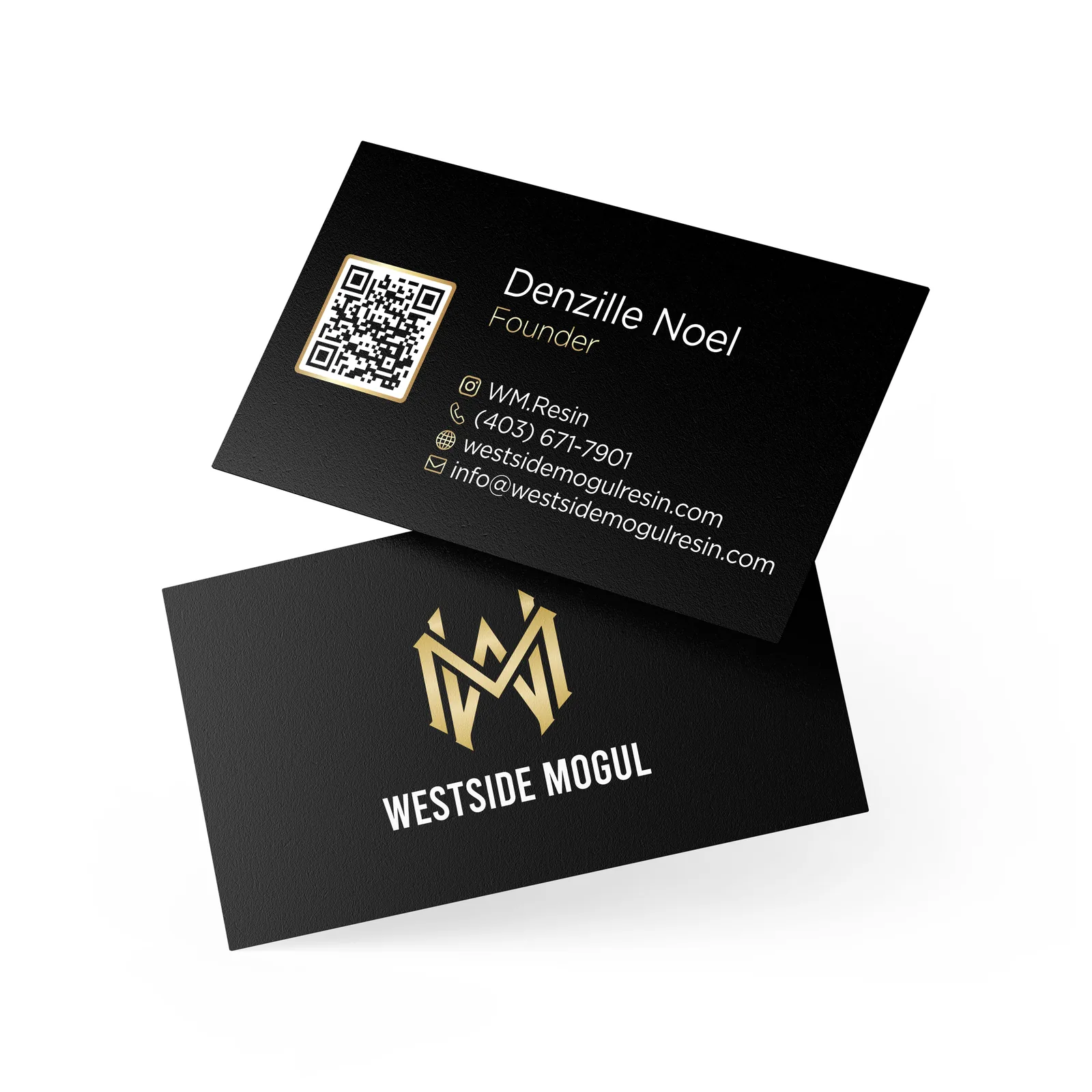 Westside Mogul Resin double sided matte black business card with gold foil monogram