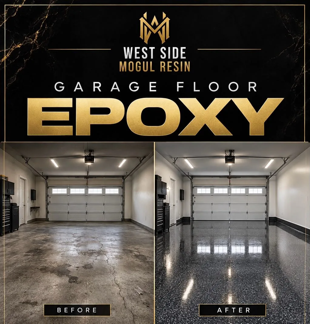 Westside Mogul Resin before and after garage floor epoxy flyer