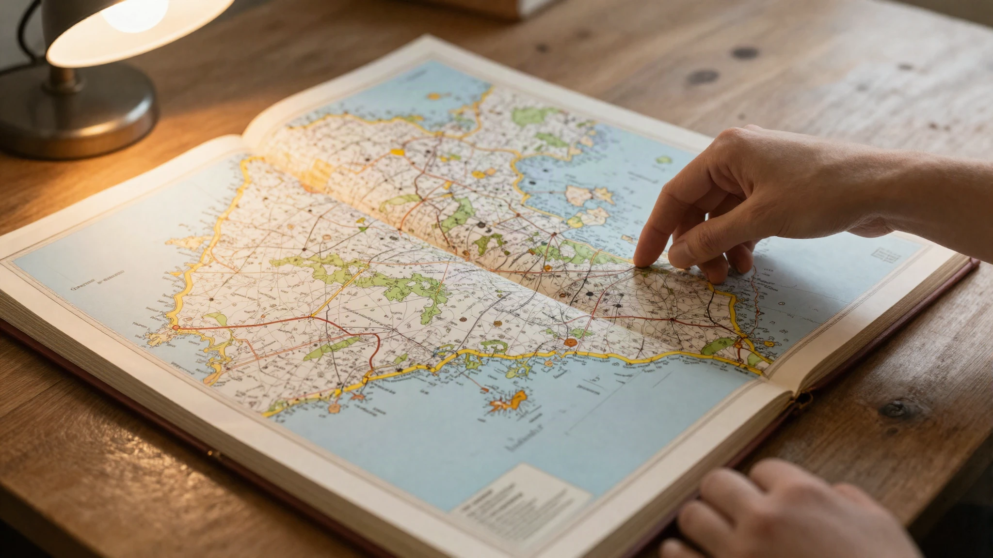 A large open atlas of maps on a wooden table with a hand turning a page