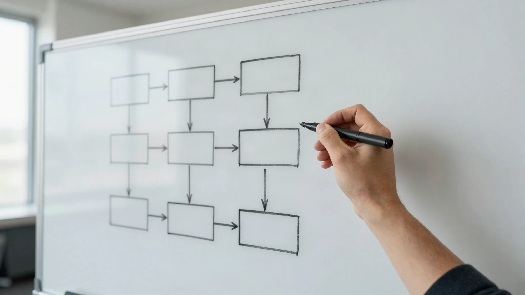 A hand drawing a site structure diagram of connected boxes on a whiteboard