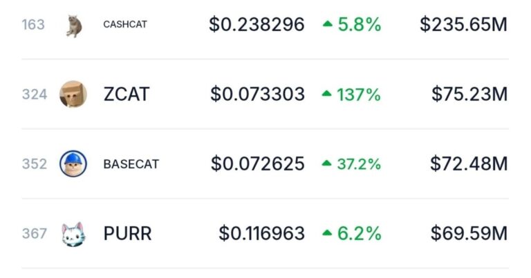 Cat-themed memecoin market capitalisation ranking with ZCAT in second place