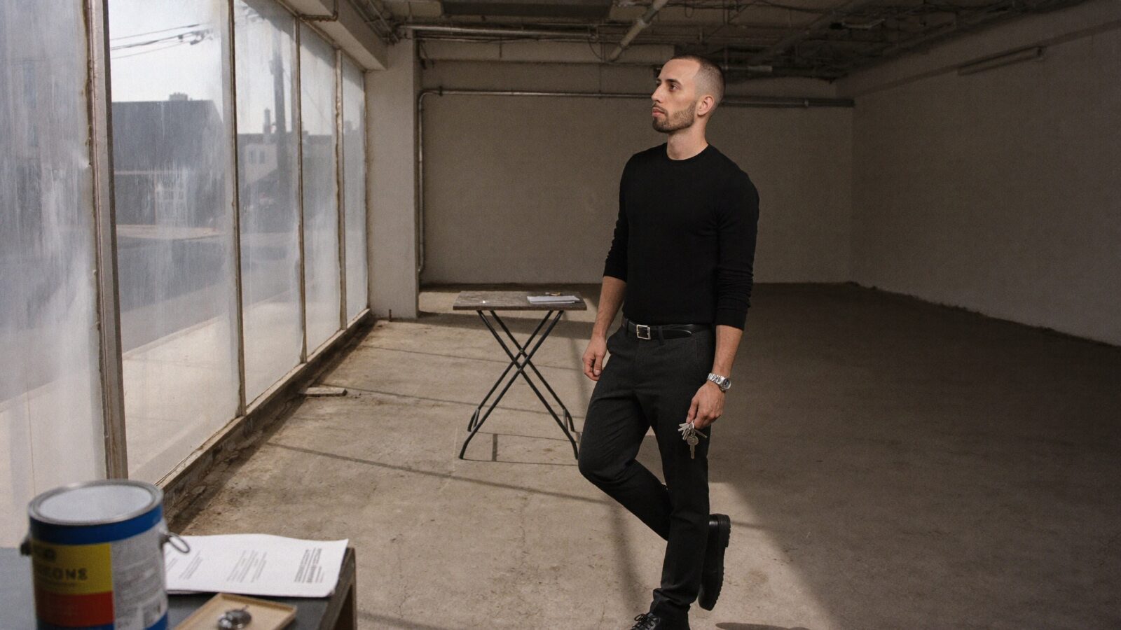 Cody Wise holding a set of keys in an empty commercial unit, the handover a founder makes when hiring a second in command