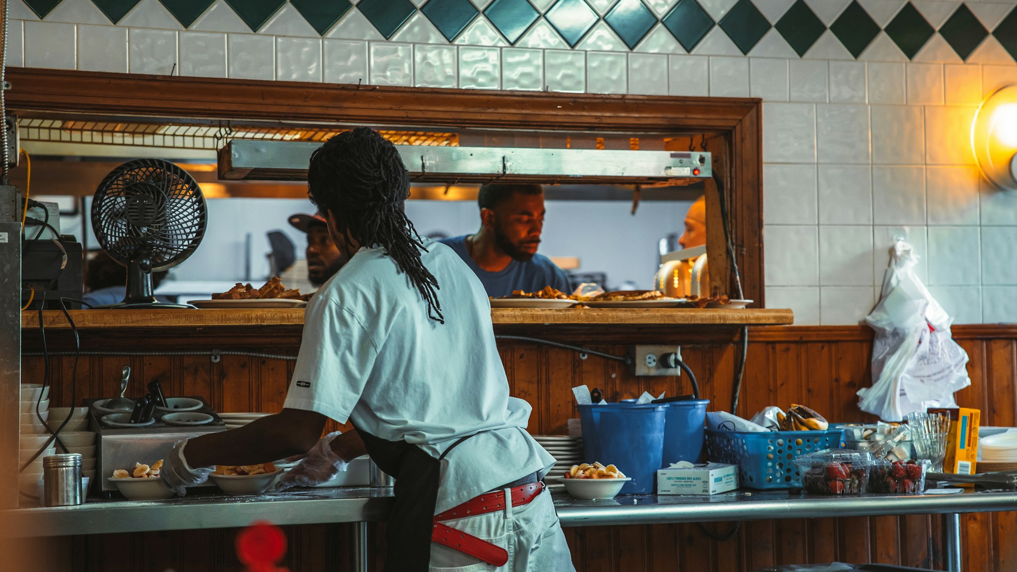Diner counter seen from across the room during service