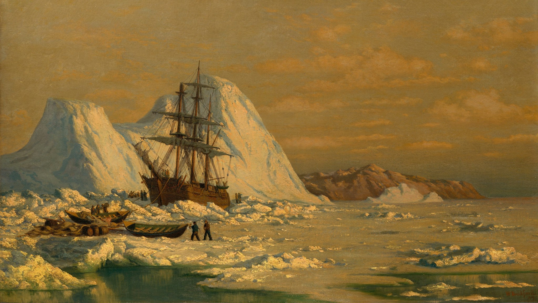 Painting of a sailing ship trapped in Arctic ice, the imported method that could not adapt to local conditions